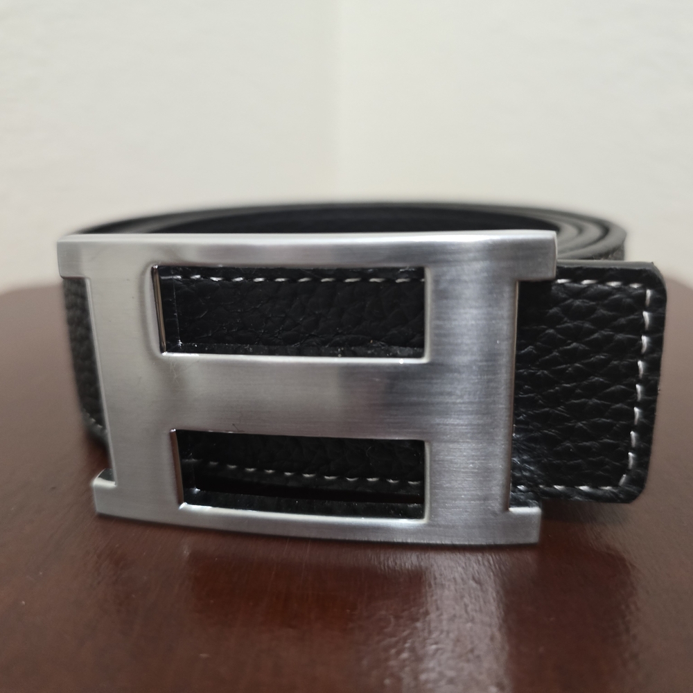 Black Faux Leather Belt with Silver Buckle